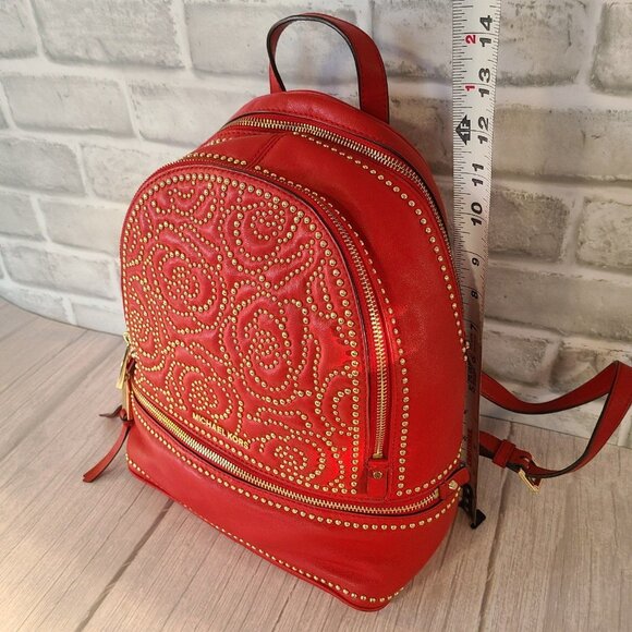 Michael Kors Rhea MD Studded Messenger Backpack Red Rose Motif Leather - Picture 2 of 12
